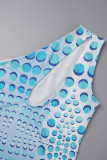 Robes de jupe enveloppée de col oblique de patchwork de pois occasionnels bleus