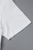 ホワイトカジュアルストリートプリントパッチワークOネックTシャツ