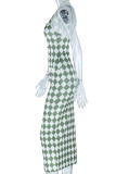 Groene sexy geruite print patchwork gesp backless spleet halter kokerrok jurken