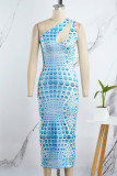 Blue Casual Dot Hollowed Out Patchwork Oblique Collar Wrapped Skirt Dresses