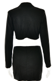 Black Elegant Solid Patchwork Buttons Slit Bright Silk Turn-back Collar Long Sleeve Two Pieces