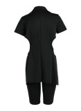 Black Sexy Solid Ripped Turndown Collar Short Sleeve Two Pieces