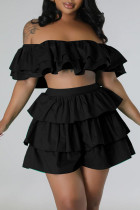Noir Sexy Street Solid Patchwork Flounce Off The Shoulder Short Sleeve Two Pieces