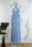 Azul elegante sólido ahuecado hacia fuera lentejuelas sin espalda hendidura halter vestido irregular Vestidos