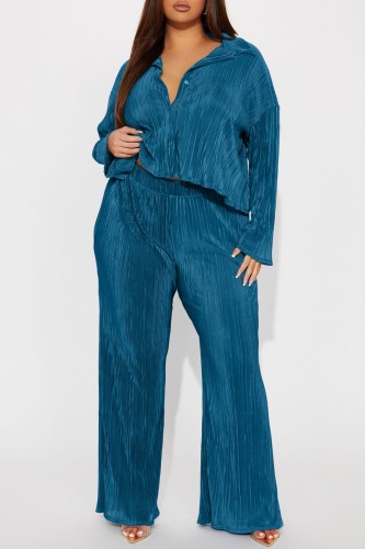 Blue Casual Solid Patchwork Turndown Collar Long Sleeve Two Pieces