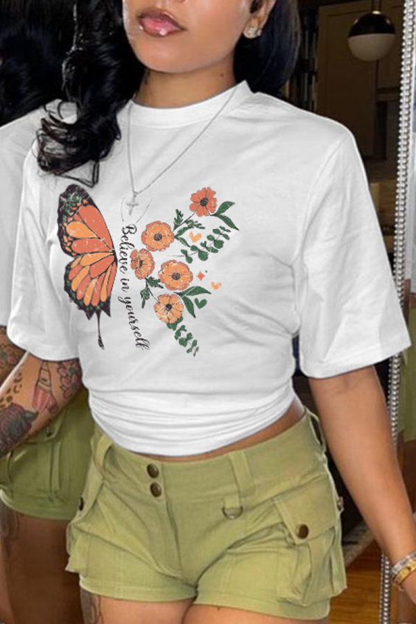 Weiße Street Daily Schmetterlingsdruck-Patchwork-O-Ausschnitt-T-Shirts