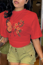 Red Street dagelijkse patchwork T-shirts met ronde hals en vlinderprint