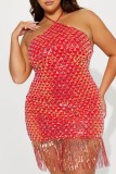 Rote sexy Patchwork-Quasten-Pailletten, rückenfrei, Neckholder, ärmelloses Kleid