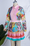Pink Casual Print Patchwork Pleated Shirt Collar Long Sleeve Two Pieces