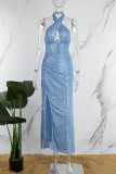 Azul Elegante Sólido Oco com Lantejoulas Sem Costas Corte Frente e Frente Vestidos Vestidos Irregulares