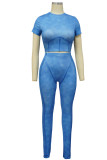 Light Blue Sportswear Solid Patchwork O Neck Short Sleeve Two Pieces Crop Tops And Pants Sets