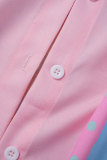 Розовый Повседневный Принт Пэчворк Плиссированный Воротник Рубашки С Длинным Рукавом Из Двух Частей