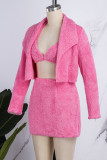 Pink Sexy Casual Solid Patchwork Turndown Collar Long Sleeve Three Piece Set
