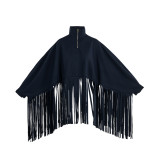 Abrigo de talla grande de cuello alto con borlas sólidas vintage de moda caqui