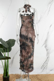 Bruine street tie-dye kwastje patchwork backless spleet halter onregelmatige jurkjurken