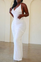 Witte sexy beroemdheden elegante eenvoud vouw effen kleur asymmetrische kraag jurken
