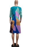 Blauwe casual elegante print patchwork O-hals A-lijn jurken