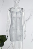 Grey Sexy Solid Patchwork See-through Backless Spaghetti Strap One Step Skirt Dresses