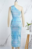Blue Casual Dot Hollowed Out Patchwork Oblique Collar Wrapped Skirt Dresses