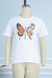 Marineblaue Street Daily Patchwork-O-Ausschnitt-T-Shirts mit Schmetterlingsdruck