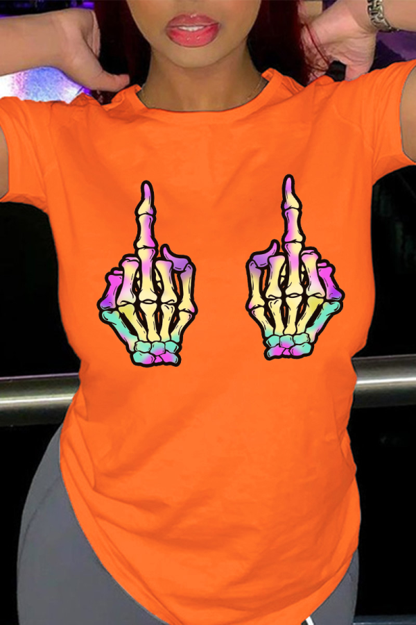Orangefarbene, lässige T-Shirts mit O-Ausschnitt und Totenkopf-Patchwork-Aufdruck für den täglichen Gebrauch