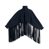 Abrigo de cuello alto con borlas sólidas vintage de moda azul oscuro de talla grande