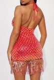 Rote sexy Patchwork-Quasten-Pailletten, rückenfrei, Neckholder, ärmelloses Kleid