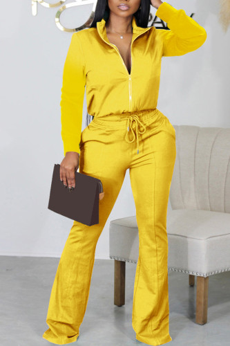 Yellow Casual Solid Patchwork Zipper Collar Long Sleeve Two Pieces