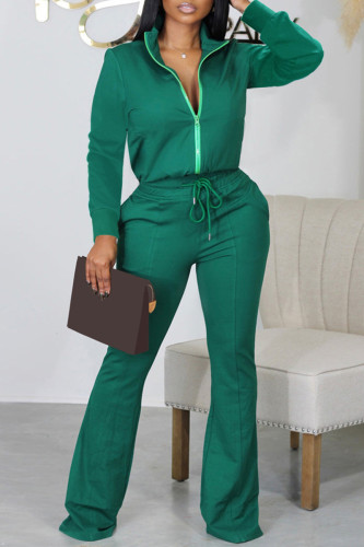 Green Casual Solid Patchwork Zipper Collar Long Sleeve Two Pieces