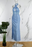 Blauwe elegante effen uitgeholde pailletten backless spleet halter onregelmatige jurk jurken