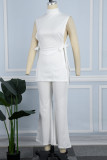 White Casual Solid Frenulum Turtleneck Sleeveless Two Pieces
