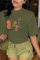 T-shirt con collo a O patchwork con stampa quotidiana di farfalle verde militare