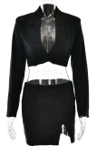 Silver Elegant Solid Patchwork Buttons Slit Bright Silk Turn-back Collar Long Sleeve Two Pieces