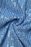ブルー エレガント ソリッド 中空スパンコール バックレス スリット ホルター 不規則なドレス ドレス