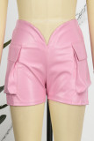 Pantalones cortos de color sólido convencional de cintura baja de patchwork sólido casual rojo rosa
