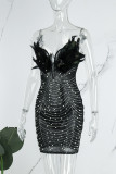 Black Sexy Party Formal Hot Drilling See-through Beading V Neck Gaine Robes