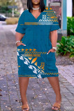 Vestido manga curta estampa casual marinho patchwork com decote em V