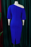 Синие повседневные элегантные однотонные платья в стиле пэчворк с асимметричным воротником и юбкой в ​​один шаг