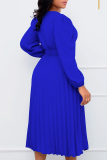 Bleu royal décontracté solide patchwork pli col en V taille jupe robes (avec ceinture)
