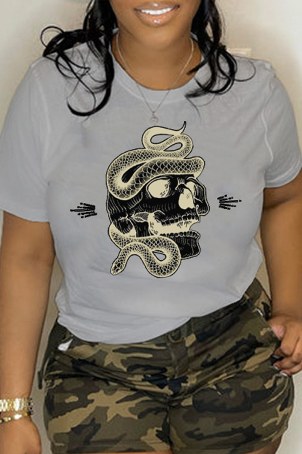 Lichtgrijze casual dagelijkse print schedel patchwork T-shirts met ronde hals