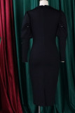 ブラック カジュアル ソリッド パッチワーク ビーズ V ネック ワン ステップ スカート ドレス