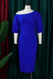 ブルーカジュアルエレガントソリッドパッチワーク折り非対称襟ワンステップスカートドレス