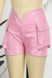 Pantalones cortos de color sólido convencional de cintura baja de patchwork sólido casual rojo rosa