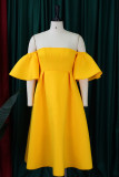 Желтое элегантное однотонное вечернее платье в стиле пэчворк с открытыми плечами Платья
