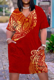 Rode casual print patchwork jurk met V-hals en korte mouwen