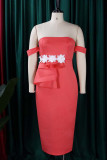 Tangerine Red Celebrities Elegant Solid Patchwork Off the Shoulder One Step Skirt Dresses