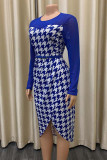 ブルー エレガント チェック柄 プリント パッチワーク シースルー 非対称 O ネック ワンステップ スカート ドレス