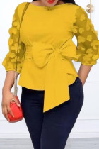 Yellow Casual Solid Bandage Patchwork Appliques O Neck Plus Size Tops