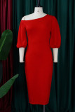 Vestidos de saia única com gola assimétrica dobrada casual elegante e sólido vermelho