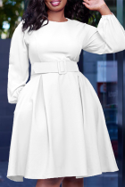 Weiße, elegante, einfarbige Kleider mit Patchwork-Reißverschluss und O-Ausschnitt in A-Linie (mit Gürtel)